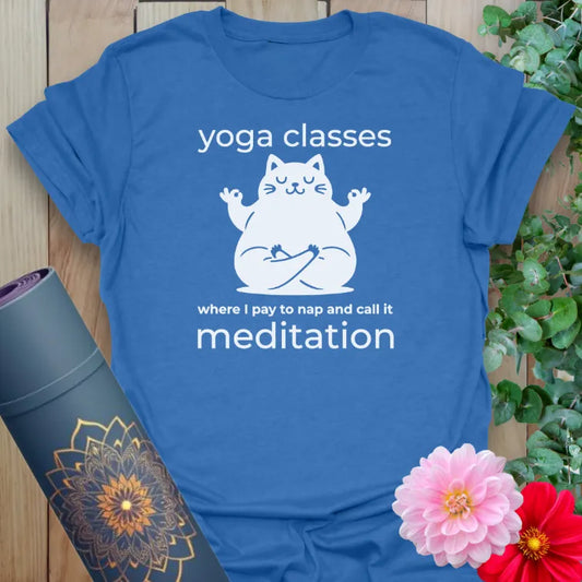 Blue yoga tee with relaxed cat and playful mindfulness message