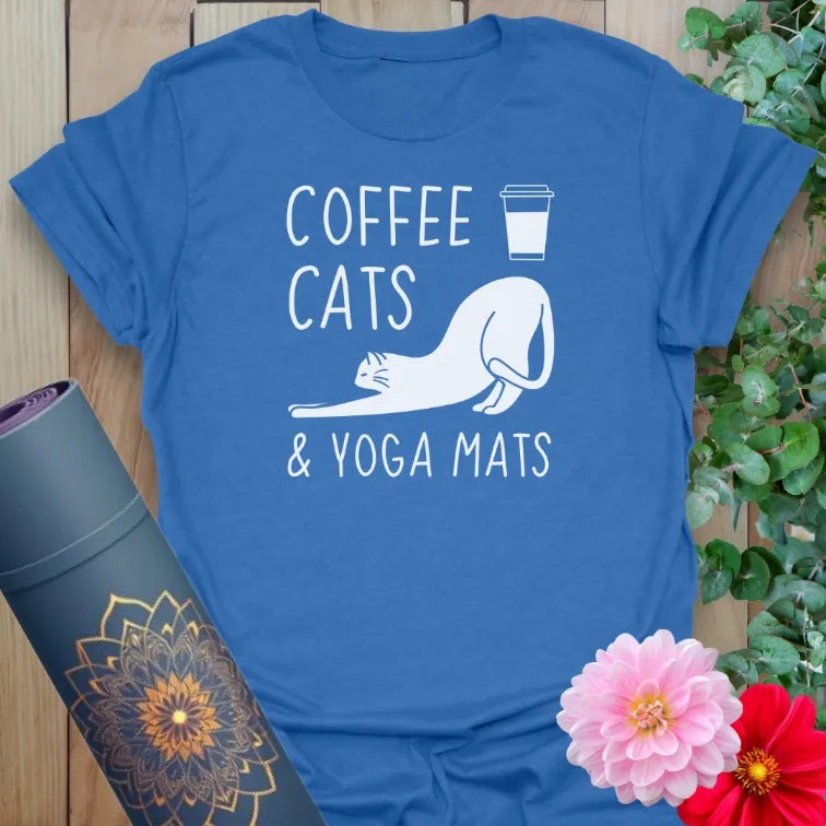 Blue yoga tee with cat, coffee, and yoga mats quote for cozy mornings