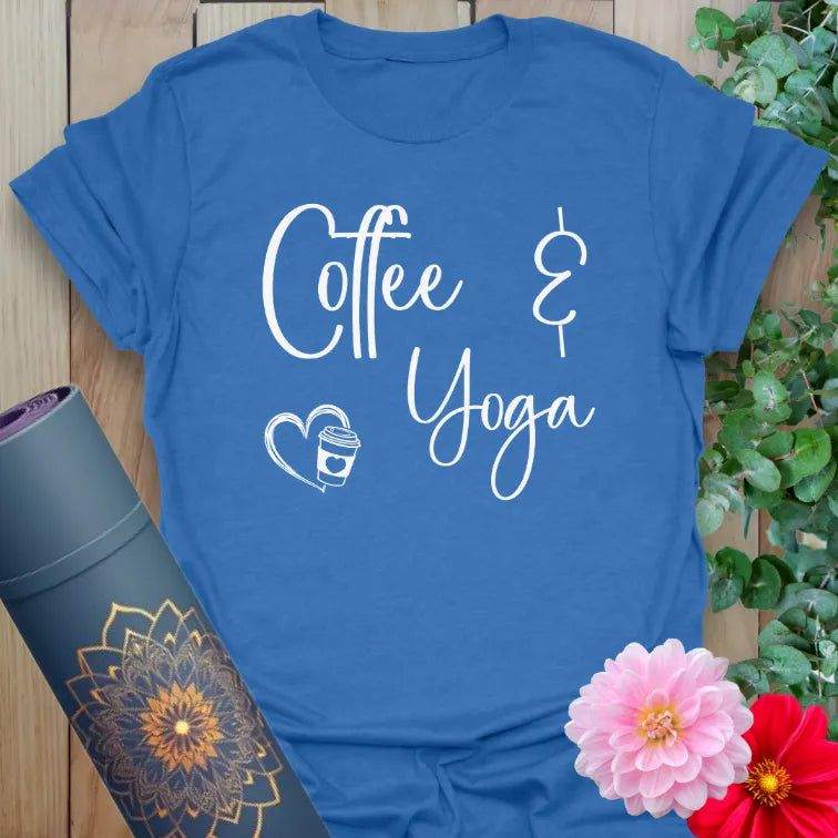 Blue Coffee T-Shirt with soulful “Coffee & Yoga” graphic for mindful mornings