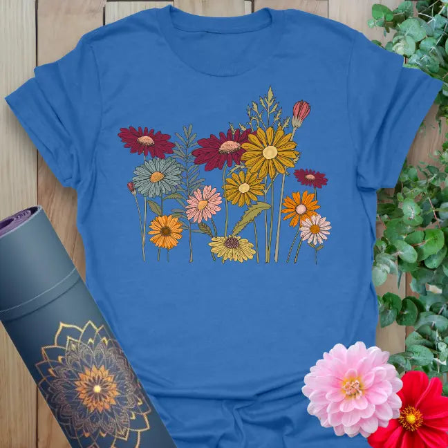 Blue Cottage Flowers T-Shirt with whimsical botanical garden illustration