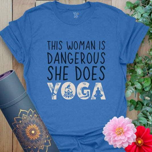 Vibrant royal blue tee with bold lettering and silhouette-filled YOGA letters. Designed for yogis with presence.