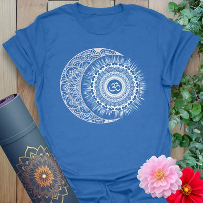 Blue Day Night T-Shirt with celestial mandala and moon phase symbolism