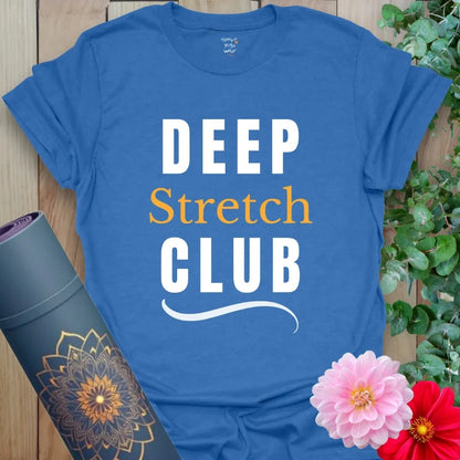 Heather Royal Deep Stretch Club T-Shirt with crisp white and golden text. Bold and breathable yoga lifestyle shirt for everyday flow.
