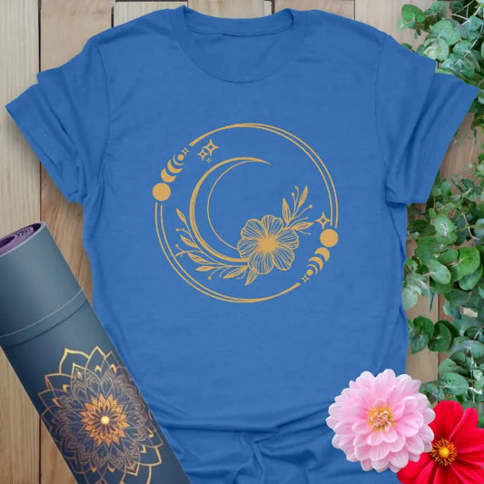 Blue Divine T-Shirt with cosmic moon and flower sacred feminine illustration