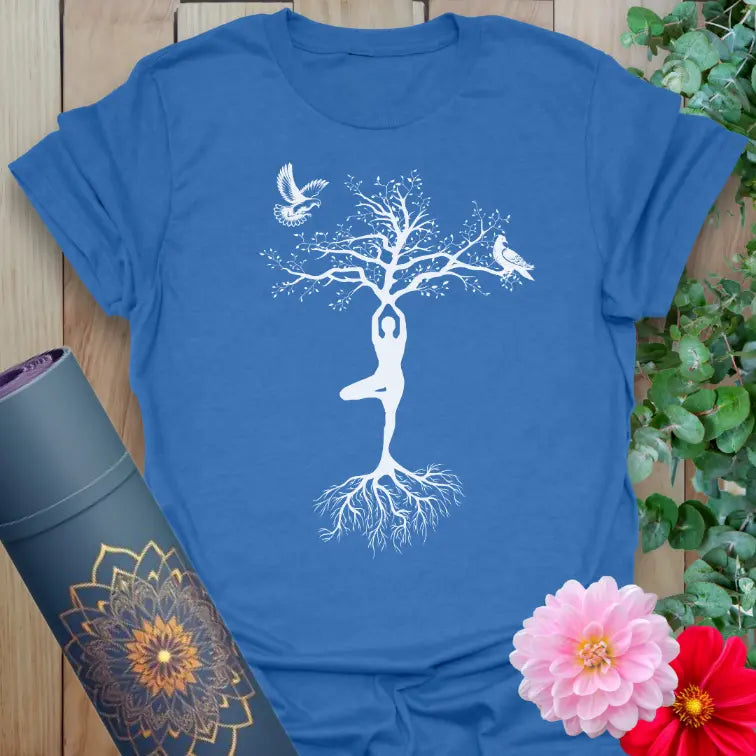 Blue Dove in Flight T-Shirt featuring elegant tree-rooted yogi and soaring doves