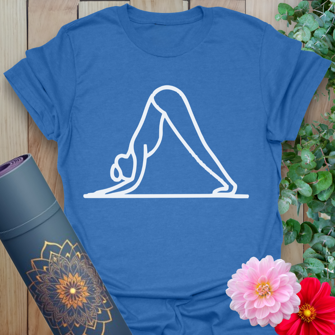 Blue Downward Dog T-Shirt with graceful yoga art and relaxed fit