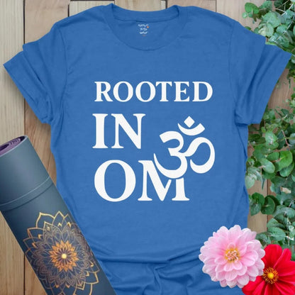Blue Earth & OM T-Shirt with grounding "Rooted in OM" spiritual statement