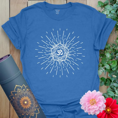 Blue yoga t-shirt with glowing OM-centered cosmic energy design