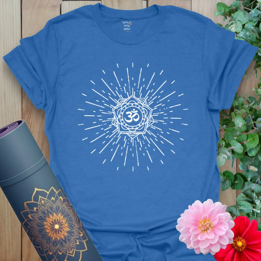 Blue yoga t-shirt with glowing OM-centered cosmic energy design