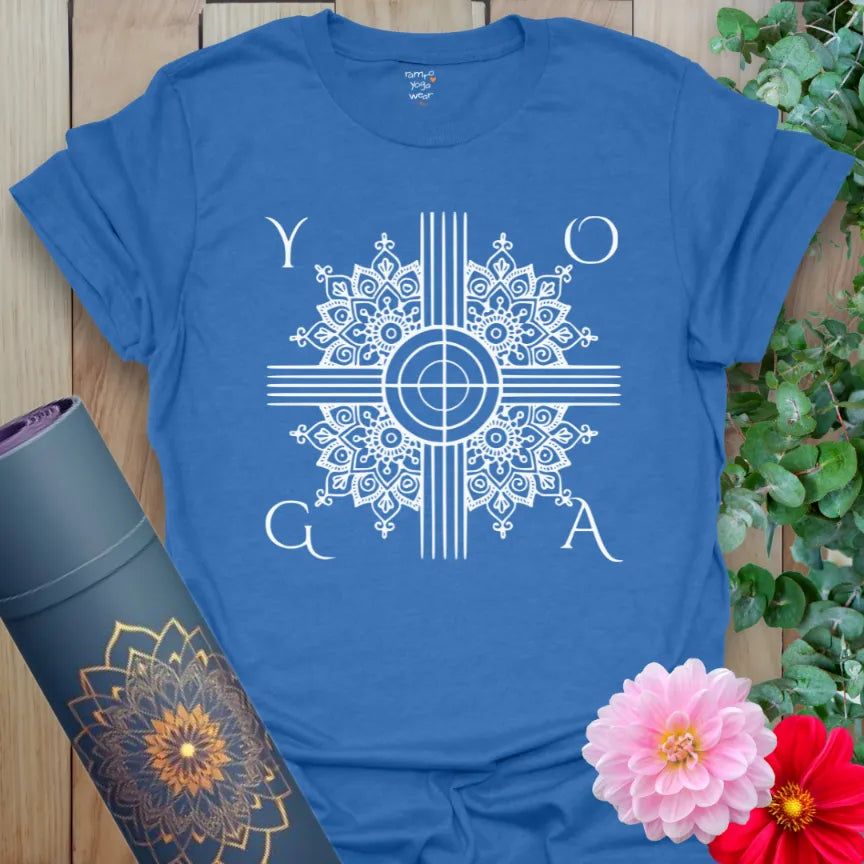  Soft cotton unisex yoga t-shirt with mandala-inspired sacred geometry design symbolizing balance and alignment.