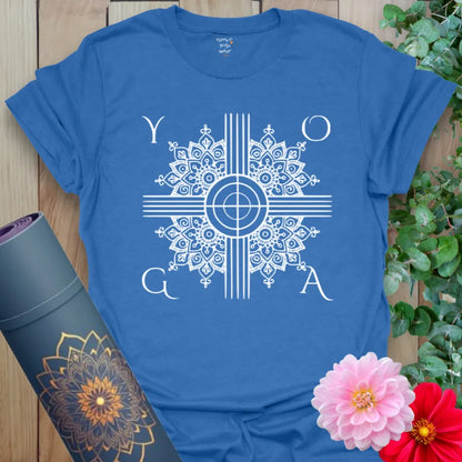  Soft cotton unisex yoga t-shirt with mandala-inspired sacred geometry design symbolizing balance and alignment.
