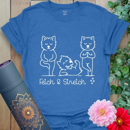 Heather Royal Fetch T-Shirt with three dogs in yoga poses. Fun “Fetch & Stretch” dog yoga design.