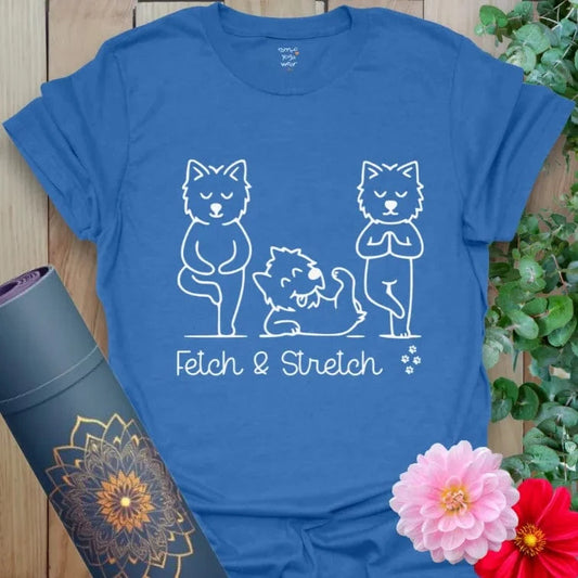 Heather Royal Fetch T-Shirt with three dogs in yoga poses. Fun “Fetch & Stretch” dog yoga design.