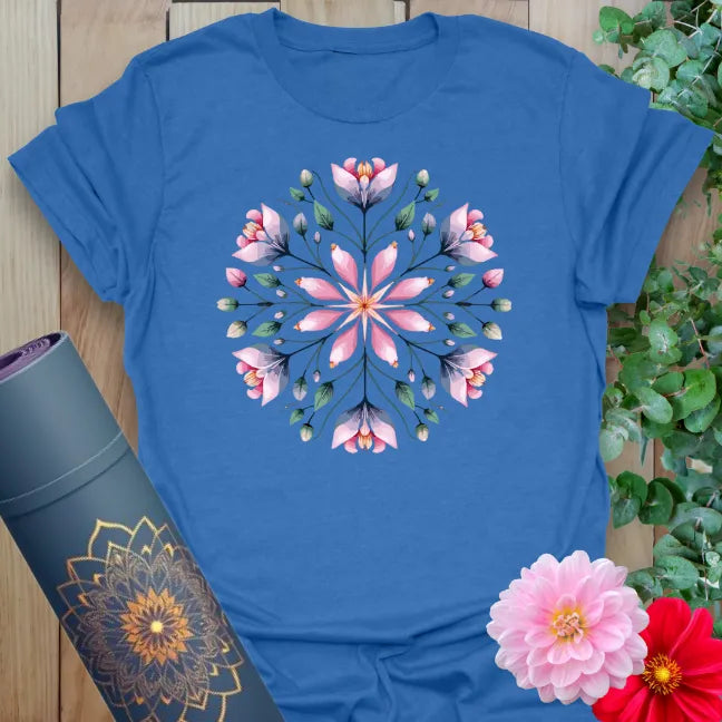 Soft cotton unisex yoga t-shirt featuring radiant floral mandala design symbolizing inner growth and mindful living.