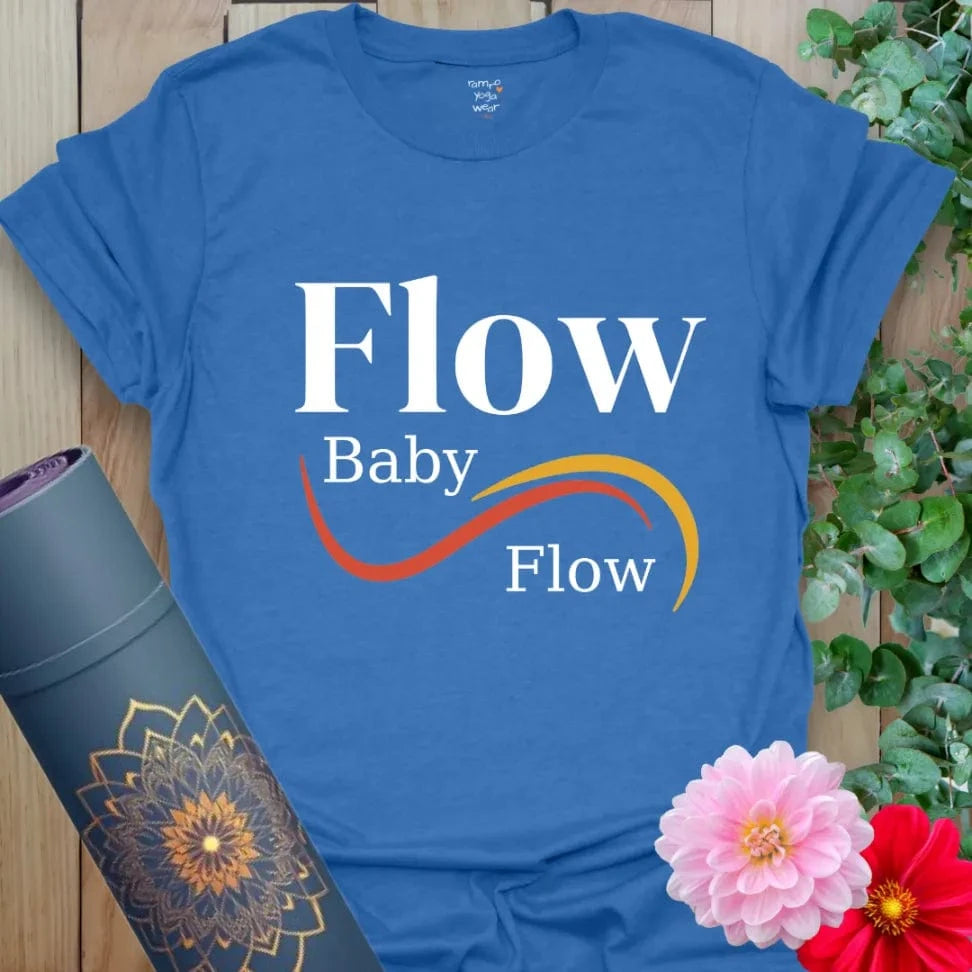 Heather Royal Flow Baby Flow T-Shirt with calming blue tones and stylish lettering. Ideal for everyday yoga wear and casual outfits.