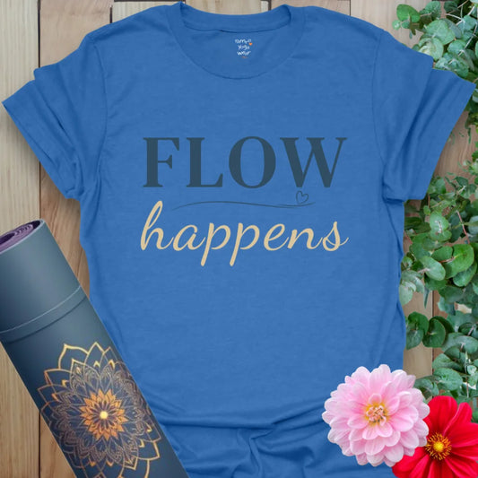 Heather Royal Flow Happens T-Shirt featuring centered mantra with visual flow. Unisex tee for everyday mindfulness and expression.
