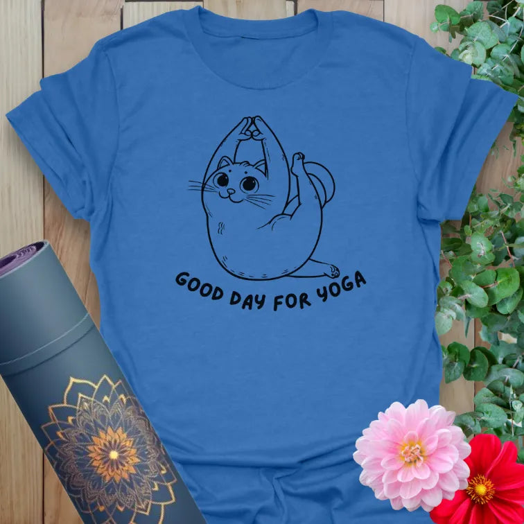 Soft cotton unisex yoga t-shirt featuring adorable cat in yoga pose and "Good Day for Yoga" inspirational quote for mindful living.