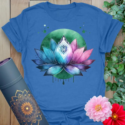 Soft cotton unisex yoga t-shirt featuring vibrant lotus flower artwork symbolizing mindful growth, resilience, and soulful living.