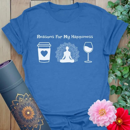 Soft cotton unisex yoga t-shirt featuring playful coffee, yoga, and wine graphic with "Reasons For My Happiness" quote for joyful mindful living.