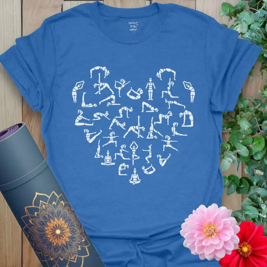 Soft cotton unisex yoga t-shirt featuring heart-shaped design made from yoga poses symbolizing love, mindful movement, and soulful connection.
