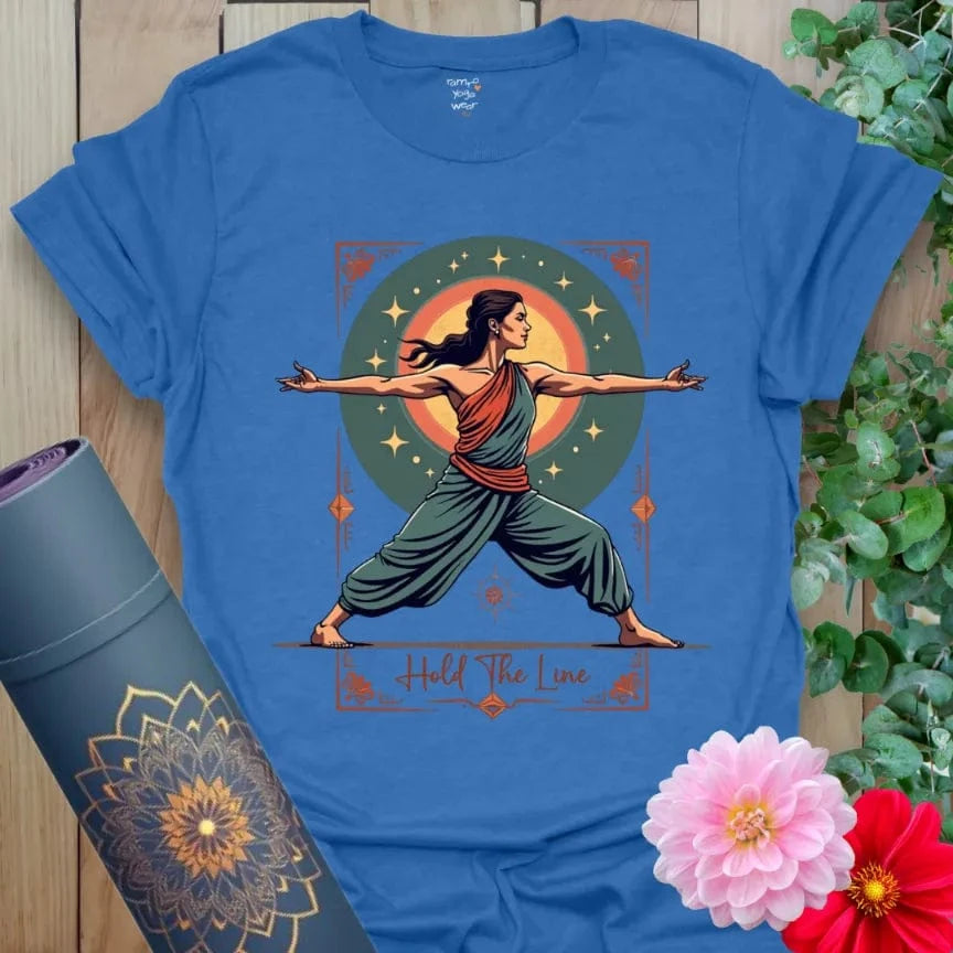 Soft cotton unisex yoga t-shirt featuring dynamic yogi in Warrior II pose with cosmic background
