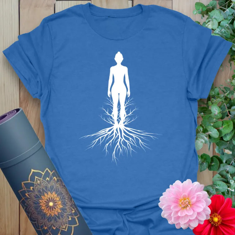 Soft cotton unisex yoga t-shirt featuring rooted human silhouette design symbolizing grounding, growth, and inner strength.