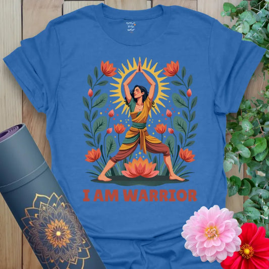 Soft cotton unisex yoga t-shirt featuring vibrant Warrior Pose yogi surrounded by lotuses and radiant sun for empowered living.