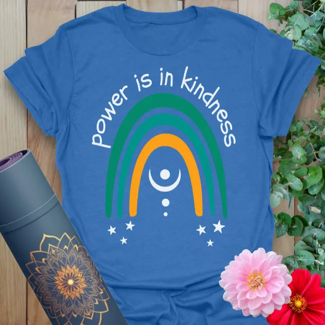Soft cotton unisex yoga t-shirt featuring colorful rainbow and "Power is in Kindness" mantra for soulful, mindful living.