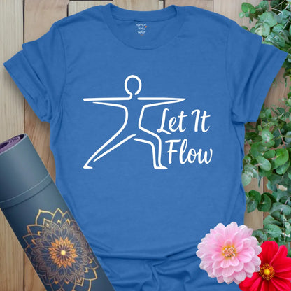 Soft cotton unisex yoga t-shirt featuring minimalist warrior pose design and "Let It Flow" mindful living mantra.