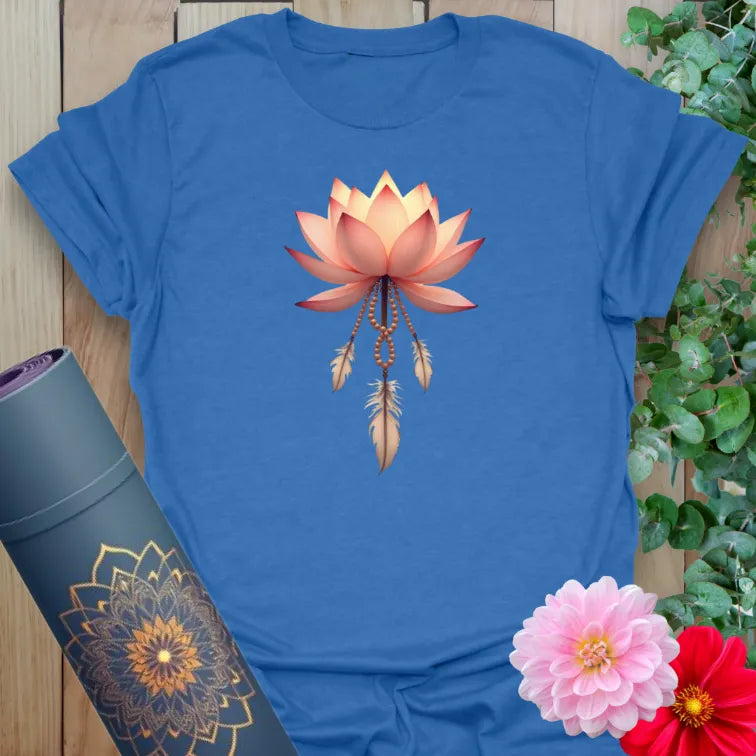 Soft cotton unisex yoga t-shirt featuring radiant lotus flower and feather charm design for mindful growth.