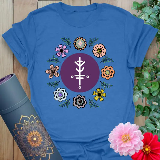Soft cotton unisex yoga t-shirt featuring colorful flower mandala and sacred prosperity symbol for mindful living and lucky energy.