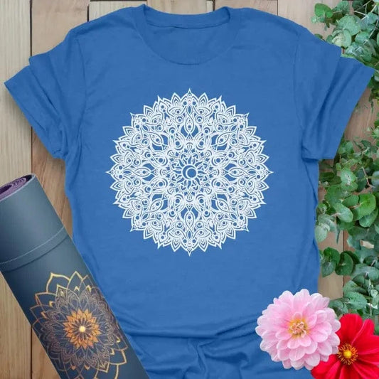Soft cotton unisex yoga t-shirt featuring intricate sacred mandala design symbolizing unity, spiritual balance, and mindful living.