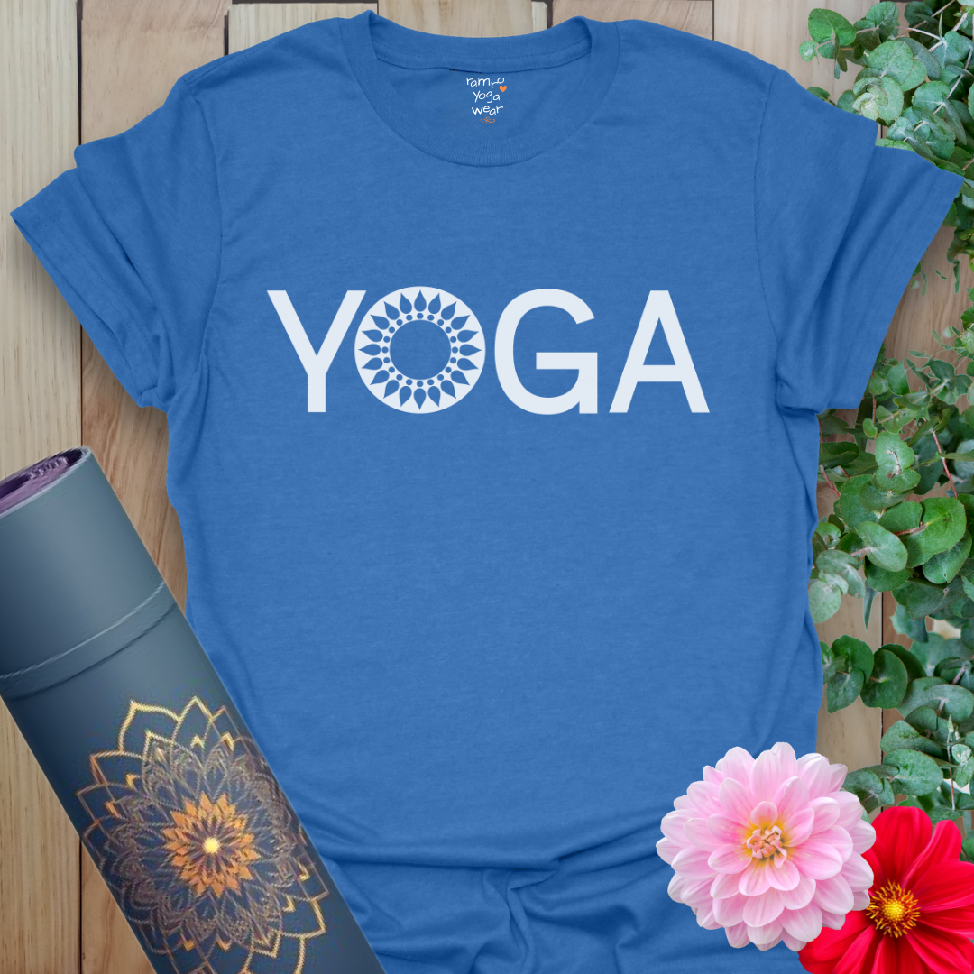 Soft cotton unisex yoga tee with bold “YOGA” text and mandala design for mindful movement.