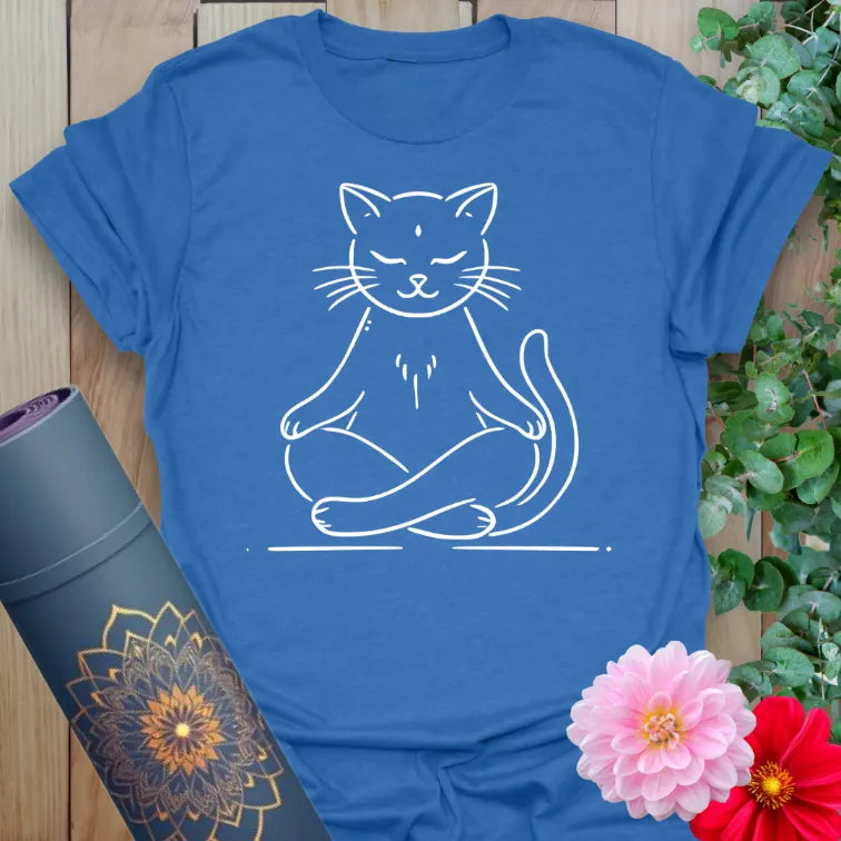 Soft cotton unisex yoga t-shirt featuring minimalist meditating cat design symbolizing peace, mindfulness, and playful soulful living.