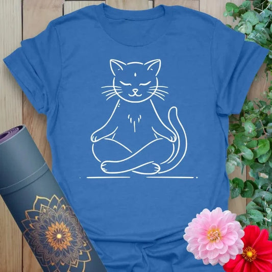 Soft cotton unisex yoga t-shirt featuring minimalist meditating cat design symbolizing peace, mindfulness, and playful soulful living.