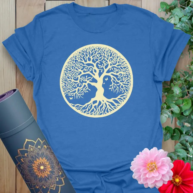 Soft cotton unisex yoga t-shirt featuring sacred Tree of Life within a circle design symbolizing soulful growth, grounding, and conscious transformation.