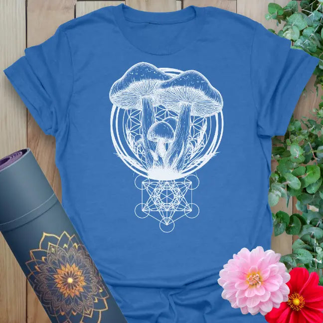 Soft cotton unisex yoga t-shirt featuring detailed mystical mushroom cluster and sacred geometry symbolizing natural growth and mindful connection.