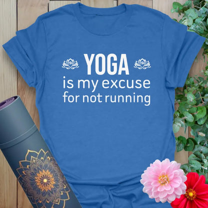 Soft cotton unisex yoga t-shirt featuring witty "Yoga is my excuse for not running" quote inspiring playful, mindful living.