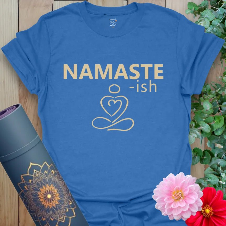 Heather Royal Namaste-ish T-Shirt with centered stacked text and heart-figure icon. Funny yoga shirt with a calm presence.