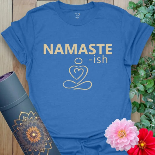 Heather Royal Namaste-ish T-Shirt with centered stacked text and heart-figure icon. Funny yoga shirt with a calm presence.