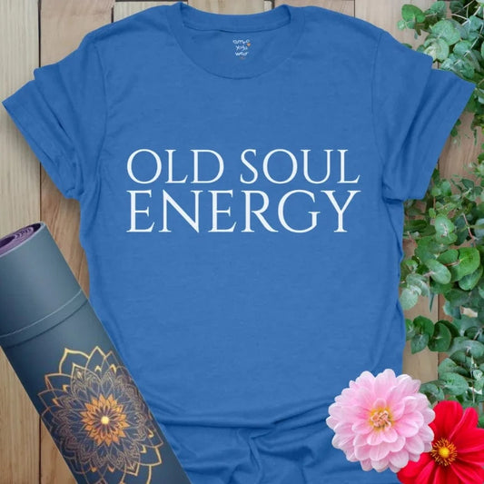 Deep heather royal t-shirt featuring “Old Soul Energy” design for grounded spiritual expression and everyday wisdom.
