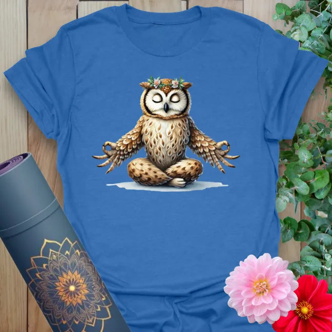 Soft cotton unisex yoga t-shirt featuring serene meditating owl with wildflower crown for soulful wisdom and playful mindfulness.