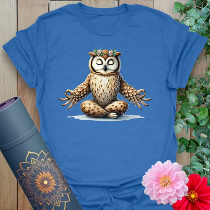 Soft cotton unisex yoga t-shirt featuring serene meditating owl with wildflower crown for soulful wisdom and playful mindfulness.