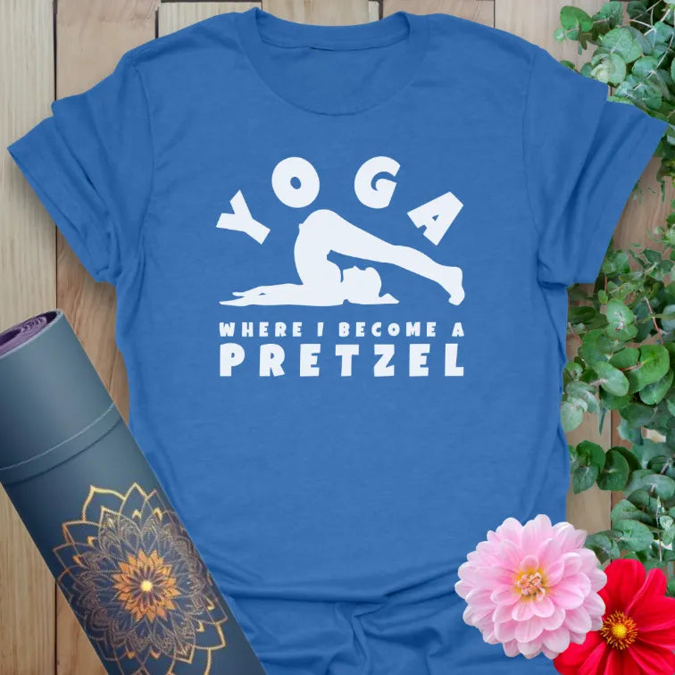 Soft cotton unisex yoga t-shirt featuring playful "Yoga Where I Become a Pretzel" quote and stretch pose design for soulful humor and mindful living.