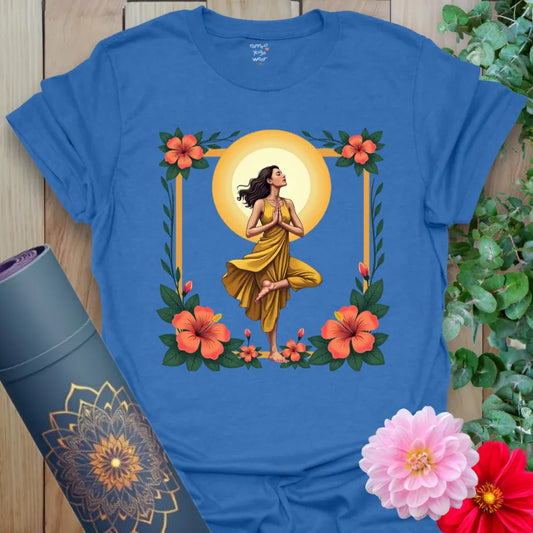 Soft cotton unisex yoga t-shirt featuring graceful yogi in tree pose framed by sun and flowers for soulful, radiant living.