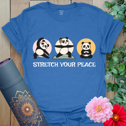 Soft cotton yoga tee featuring three yoga pandas and “Stretch Your Peace” text for playful, peaceful living.