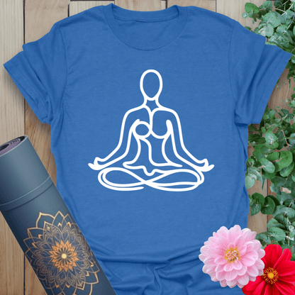 Soft cotton yoga t-shirt with minimalist seated figures in Sukhasana pose representing peace, unity, and meditative flow.