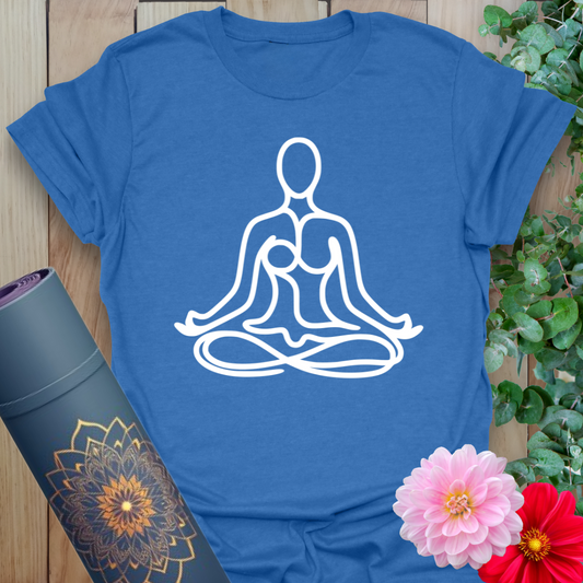 Soft cotton yoga t-shirt with minimalist seated figures in Sukhasana pose representing peace, unity, and meditative flow.