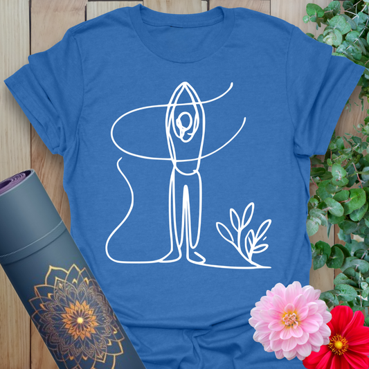 Soft cotton yoga tee with minimalist line art of Mountain Pose and botanical accent for grounded, mindful movement.