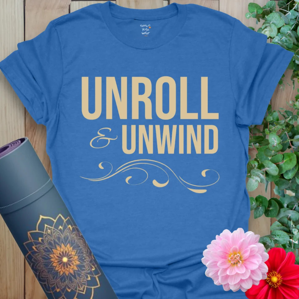 Heather Royal Unroll T-Shirt with modern typography and graceful flair. Yoga lifestyle shirt for balance and flow.
